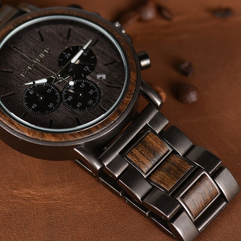 Uniquely natural, sustainably sourced, the BOBO BIRD wood and stainless steel chronograph wristwatch is a must have.