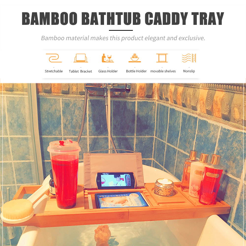 Luxury Bathtub Caddy Tray Bamboo Spa Bathtub Caddy Organizer Serving Tray Book Wine Holder Nonslip Bottom Extendable Sides