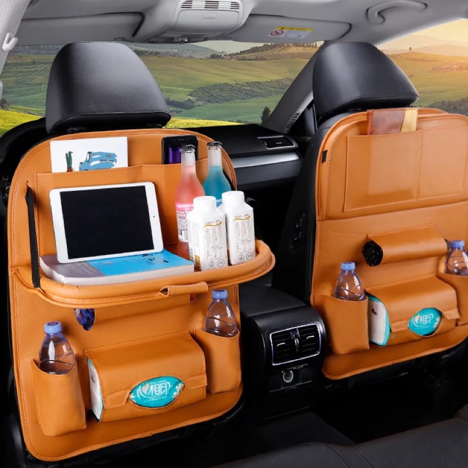 Car Back Seat Organizer Storage Bag with Foldable Table Tray Tablet Holder Tissue Box Auto Back Seat Bag Protector Accessories